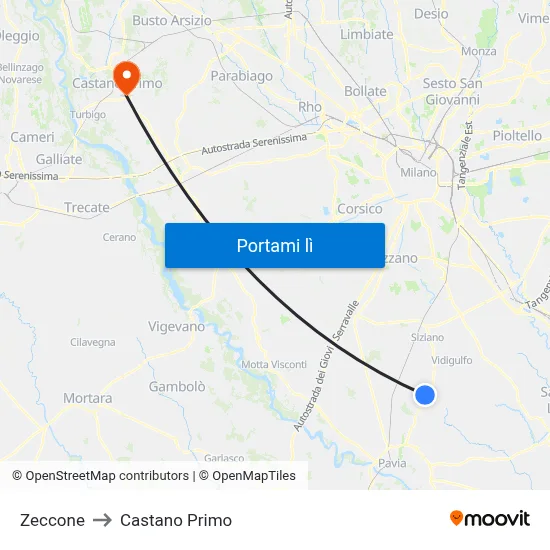 Zeccone to Castano Primo map