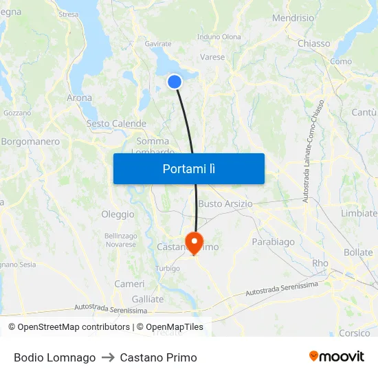 Bodio Lomnago to Castano Primo map