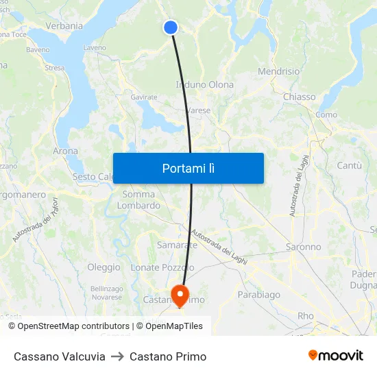 Cassano Valcuvia to Castano Primo map