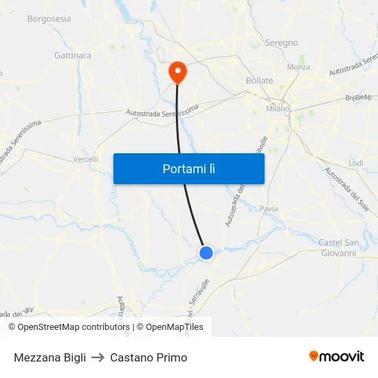Mezzana Bigli to Castano Primo map