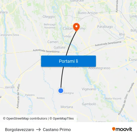 Borgolavezzaro to Castano Primo map