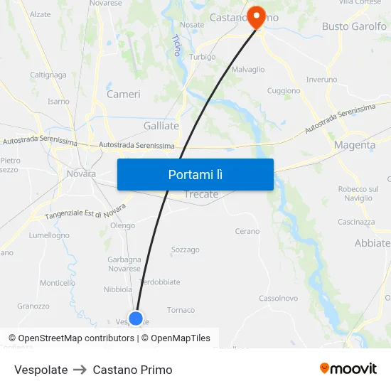 Vespolate to Castano Primo map