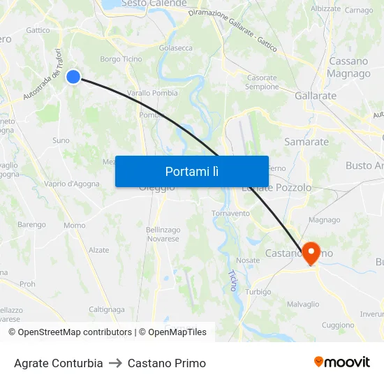 Agrate Conturbia to Castano Primo map