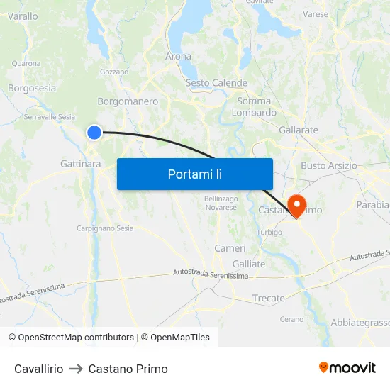 Cavallirio to Castano Primo map