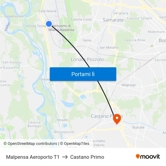 Malpensa Aeroporto T1 to Castano Primo map