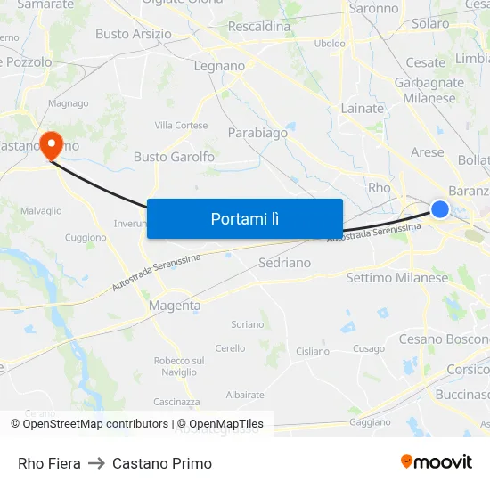Rho Fiera to Castano Primo map