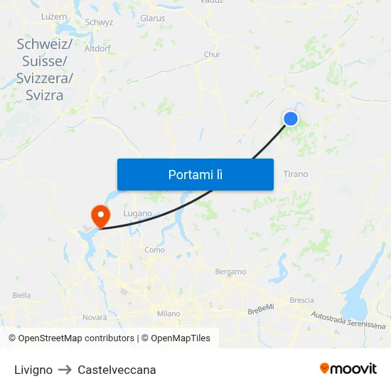 Livigno to Castelveccana map