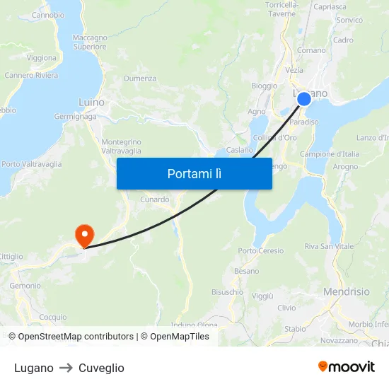 Lugano to Cuveglio map