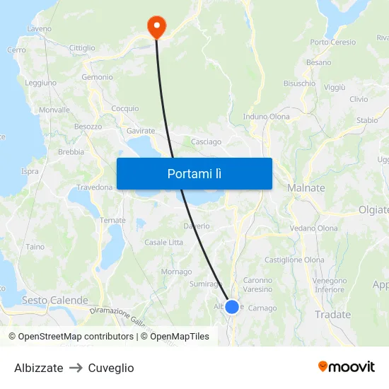 Albizzate to Cuveglio map