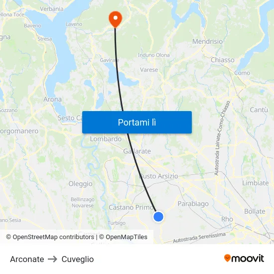 Arconate to Cuveglio map