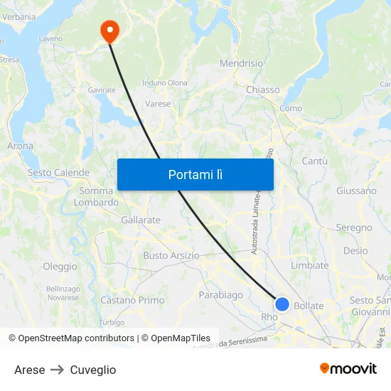 Arese to Cuveglio map