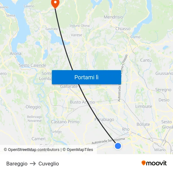 Bareggio to Cuveglio map