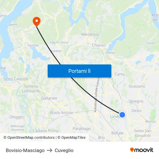 Bovisio-Masciago to Cuveglio map