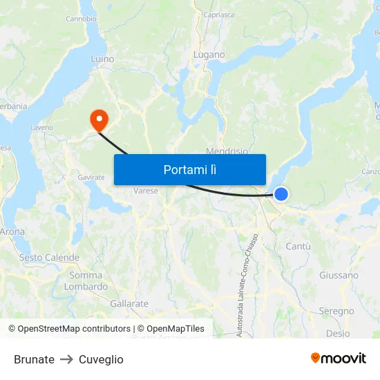 Brunate to Cuveglio map
