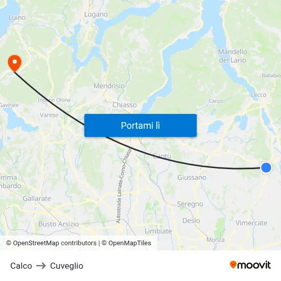 Calco to Cuveglio map