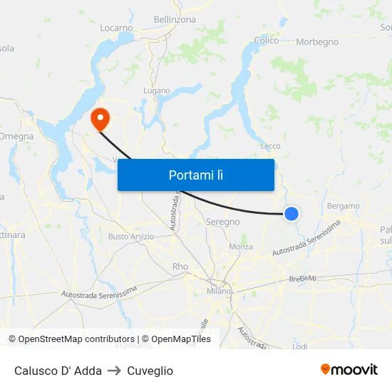 Calusco D' Adda to Cuveglio map