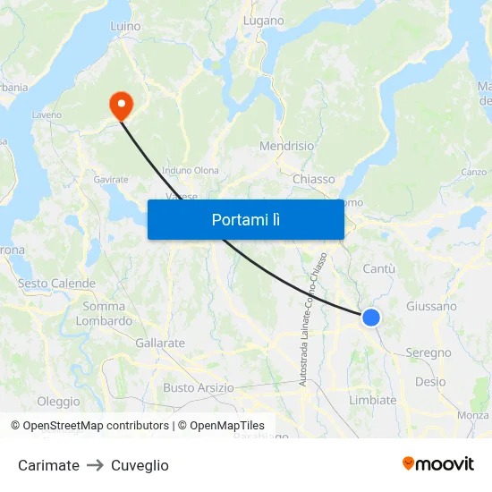 Carimate to Cuveglio map