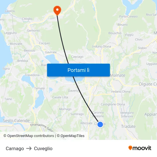 Carnago to Cuveglio map