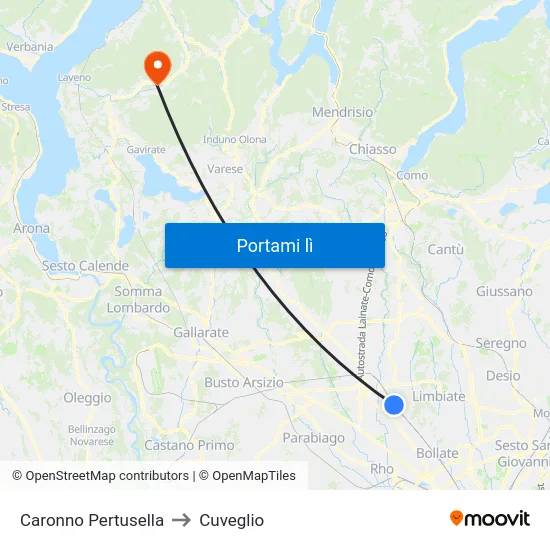 Caronno Pertusella to Cuveglio map