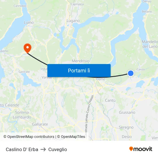 Caslino D' Erba to Cuveglio map