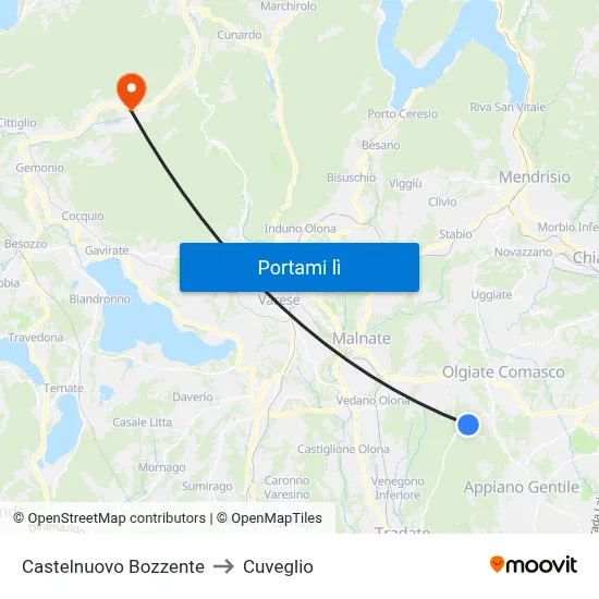 Castelnuovo Bozzente to Cuveglio map