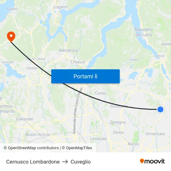 Cernusco Lombardone to Cuveglio map