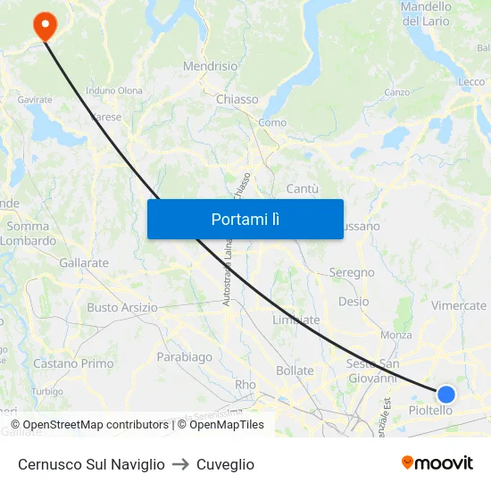 Cernusco Sul Naviglio to Cuveglio map