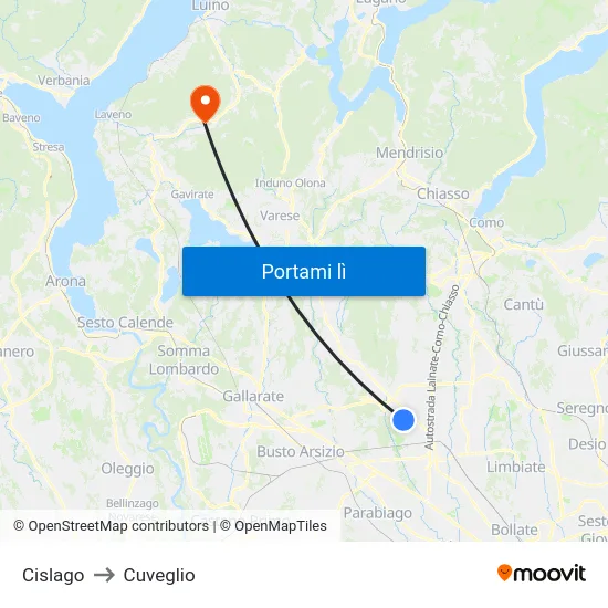 Cislago to Cuveglio map