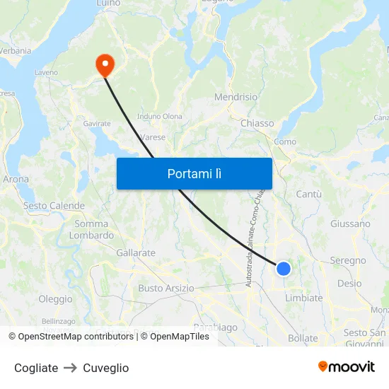 Cogliate to Cuveglio map
