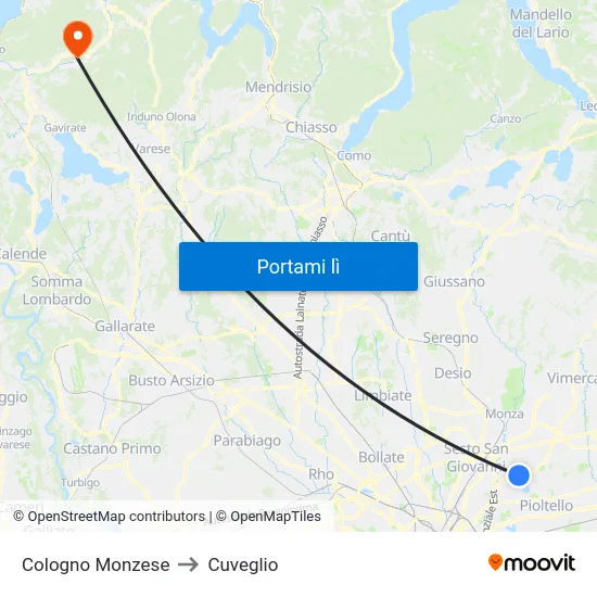 Cologno Monzese to Cuveglio map