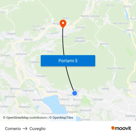 Comerio to Cuveglio map