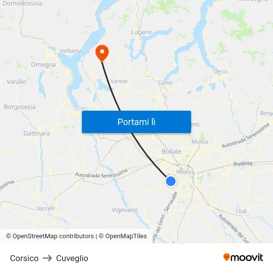 Corsico to Cuveglio map