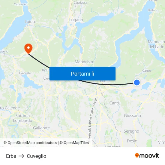 Erba to Cuveglio map