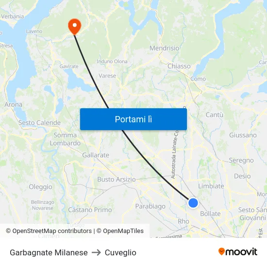 Garbagnate Milanese to Cuveglio map