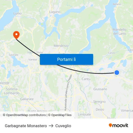 Garbagnate Monastero to Cuveglio map