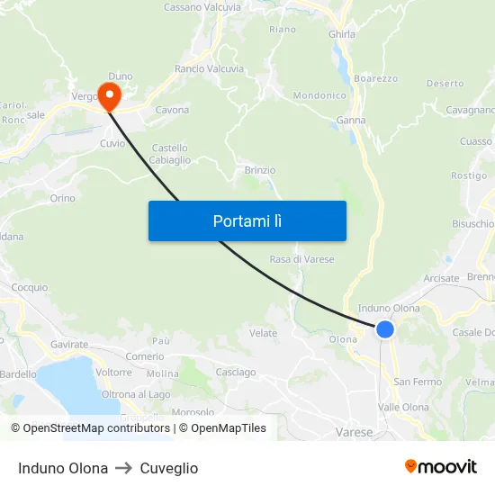 Induno Olona to Cuveglio map