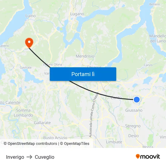 Inverigo to Cuveglio map