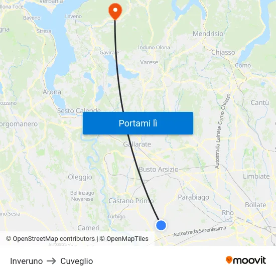 Inveruno to Cuveglio map