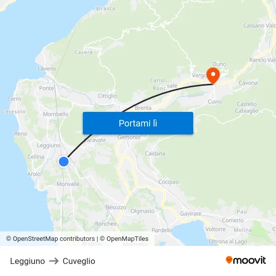 Leggiuno to Cuveglio map