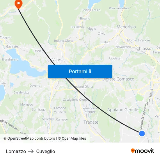 Lomazzo to Cuveglio map