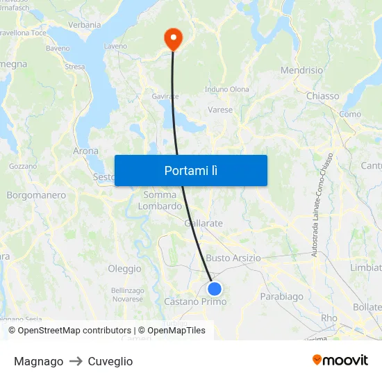 Magnago to Cuveglio map