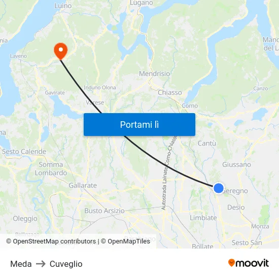 Meda to Cuveglio map