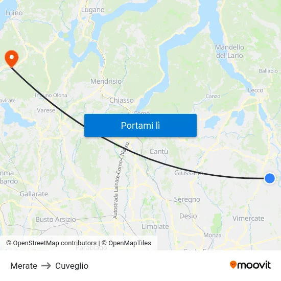 Merate to Cuveglio map