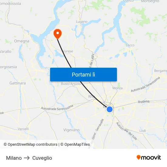 Milano to Cuveglio map