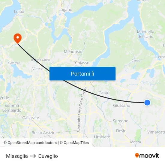 Missaglia to Cuveglio map