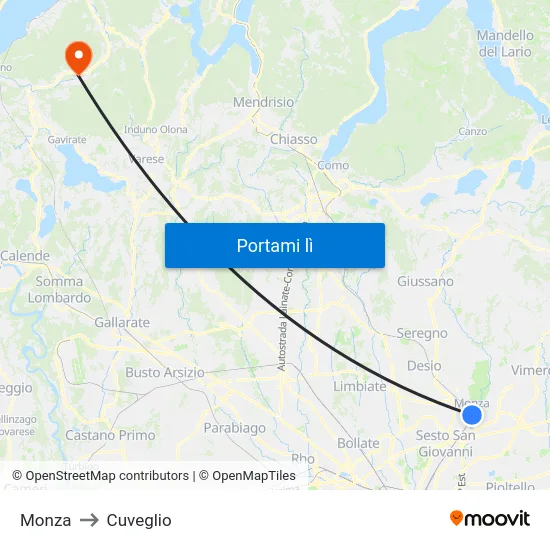 Monza to Cuveglio map