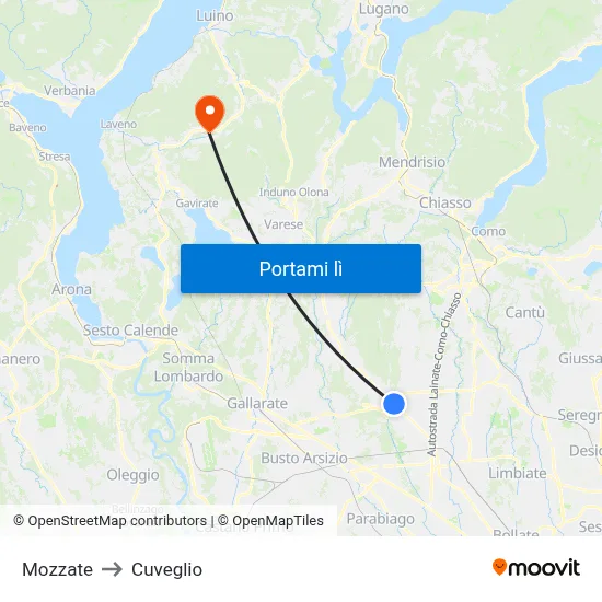 Mozzate to Cuveglio map