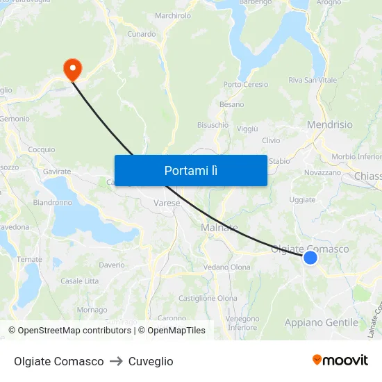 Olgiate Comasco to Cuveglio map