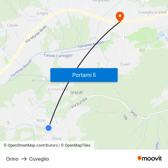 Orino to Cuveglio map