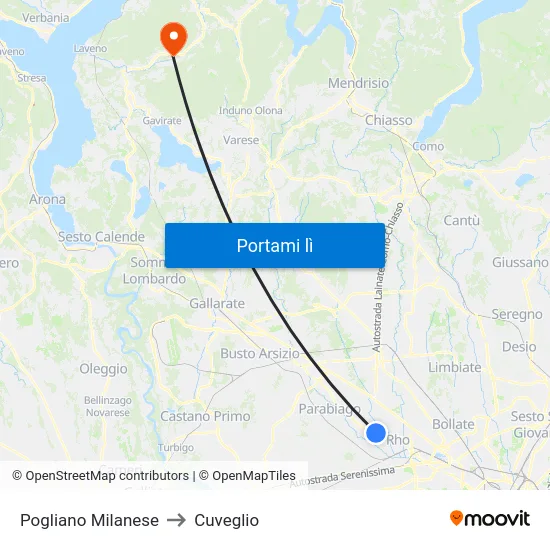 Pogliano Milanese to Cuveglio map